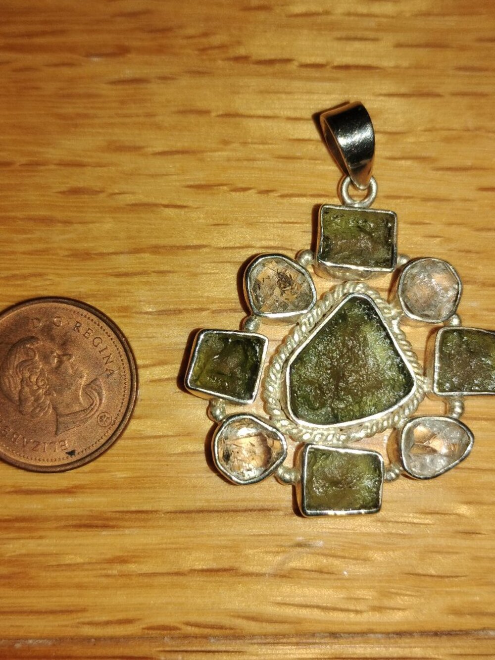 Genuine Moldavite Herkimer Diamond Pendant 925 Sterling Silver